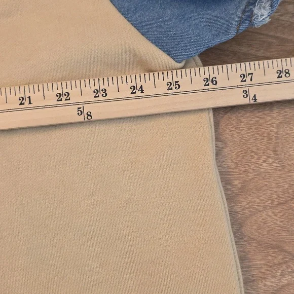 Ces Femme Oversized Cropped Sweatshirt Tan Blue Denim Block Sleeves Small - Picture 11 of 15